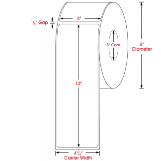 4.00" x 12.00", Label, Thermal Transfer Paper, Blank, Perfed, 500/Roll, 2,000/Case